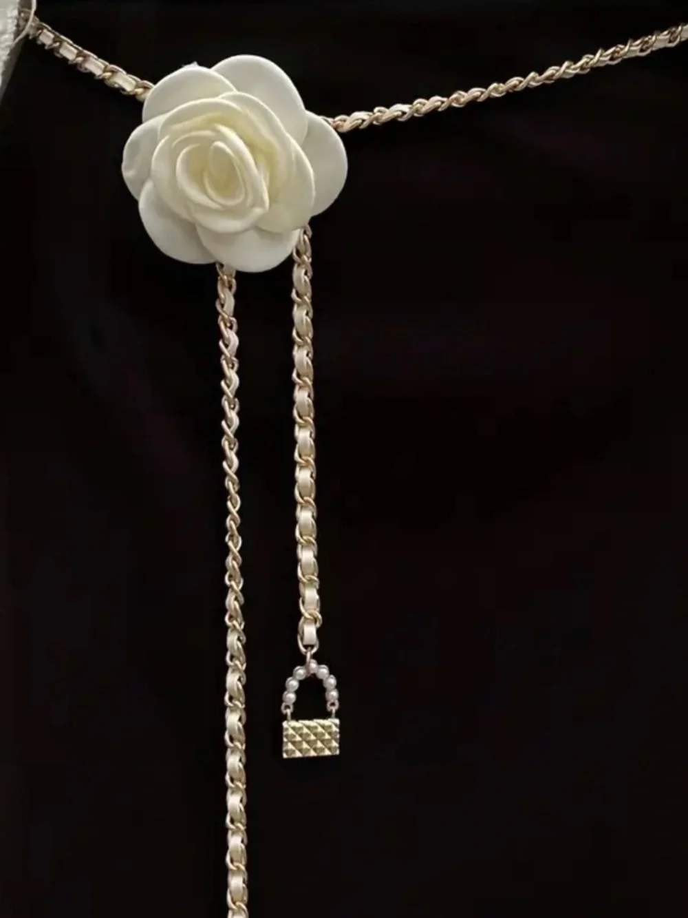 Gold Chain Lariat Necklace with Cream Rose